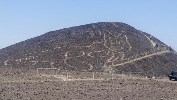 Figura de un felino en una colina en Nazca, Perú.