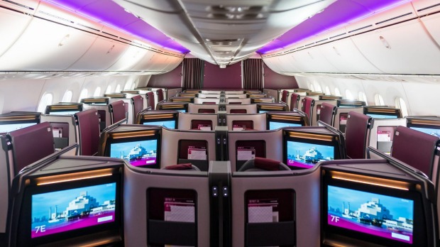 La cabina de clase ejecutiva del Boeing Dreamliner 787-9 de Qatar Airways.
