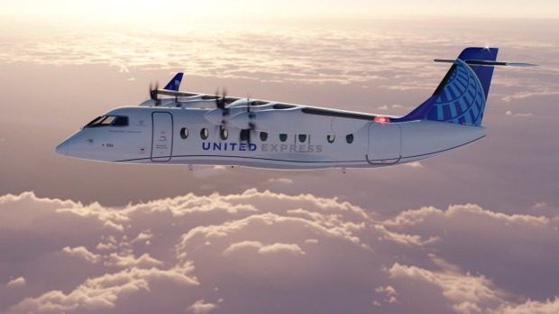Un modelo de un avión eléctrico de 19 asientos de United Airlines Heart Aerospace.